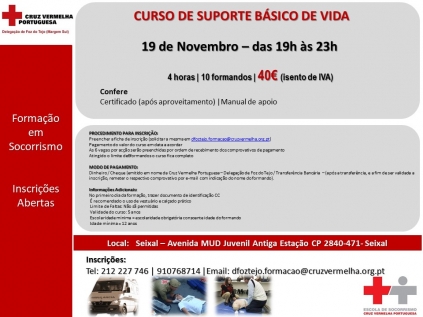 CURSO DE SUPORTE BÁSICO DE VIDA - 19 Novembro das 19h às 23h - SEIXAL